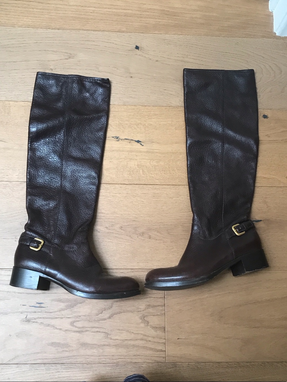 Prada Dark Brown Tall Leather Riding Boots with Gold Buckle